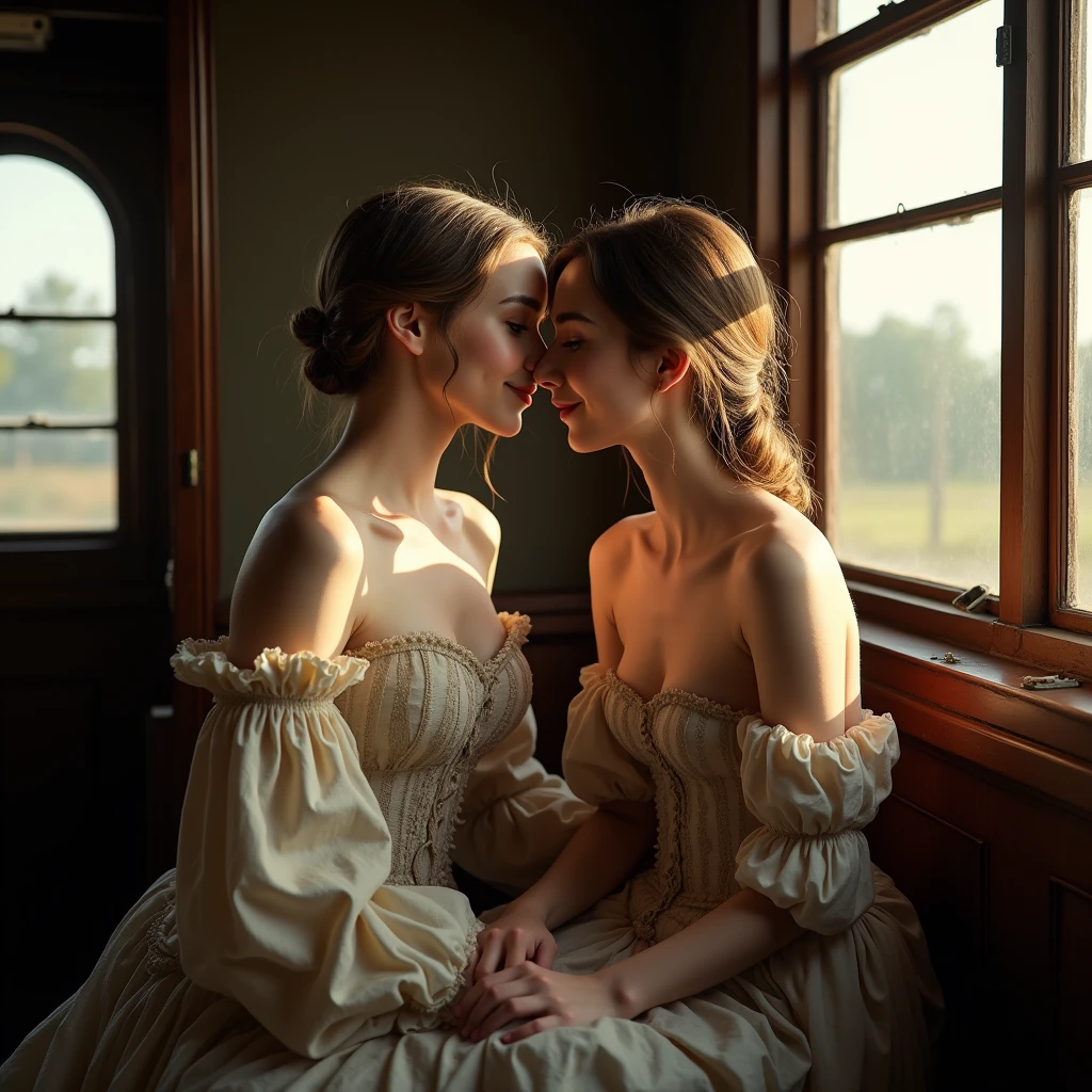 girls maid loving each other, passionately kissing, feeling breasts, realistic
