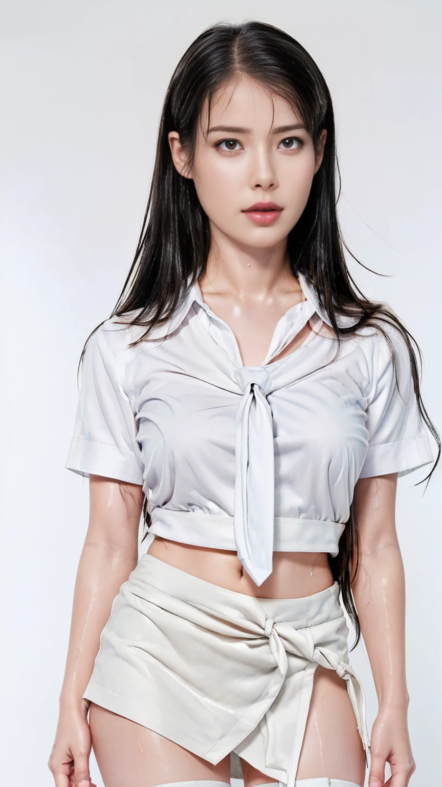 RAW, Best quality, high resolution, Masterpiece: 1.3), Beautiful IU, Masterpiece, ((sweat, sweaty, sweaty skin, wet skin, sweat droplets, wet body, wet face)), long hairstyle, Perfect slim body, Beautiful big eyes, Watery eyes, Soft smile, Wet lips, Big breasts, (((wearing white collar shirt with necktie, half-sided double slit hyper short mini skirt:1.3))), perfect body, wide hips, thick thighs, (((sexy seductive view, sexy seductive pose))), she is enjoy rain wash on a rainy city street, her wet clothes trigger attention on nipple shimmering and visible breastpit through her wet clothes, bright lighting, happy, 8k, high quality, beam lighting