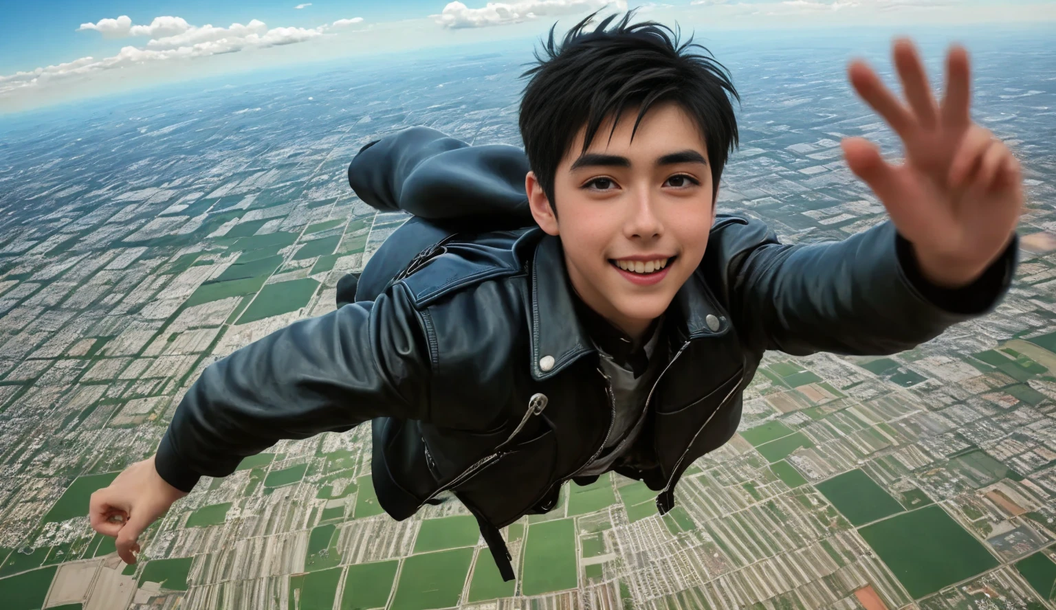  skydiving、LOVEHIROHITO    、solo, A boy is flying in the sky、Leather jacket、drop down、The city is visible in the background , Flying in the sky, flying face down in the sky