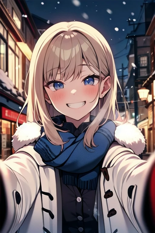 masterpiece, super details, best quality, beautiful girl, grin, pov cheek warming, white breath, coat, scarf, reaching towards viewer, snow, town