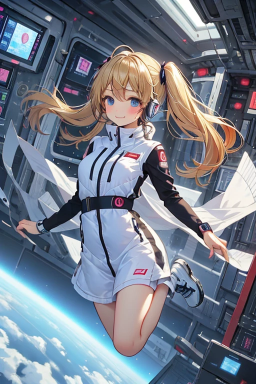 masterpiece, Best Quality, very detailed, 8K Portrait, Japanese Android Girl, plump, floating in zero gravity, dynamic floating pose with hands elegantly crossed behind back, space hotel bedroom, control panel, Robotic arms and legs, short bang, BREAK (Metallic Gray, Metallic luster, Milonish, Astro Best):5, headphones:5, BREAK (black sleeve):100, Smart Watches, futuristic space station interior, modern space hotel room, zero gravity jump motion, hair floating weightlessly, BREAK (blonde hair):2, (twin tails):1.5, blue eyes, Watch Viewers, (Artificial respirator), BREAK blush:3, playful floating pose, gentle smile, hair ribbons flowing in zero gravity, suspended in air, weightless gesture