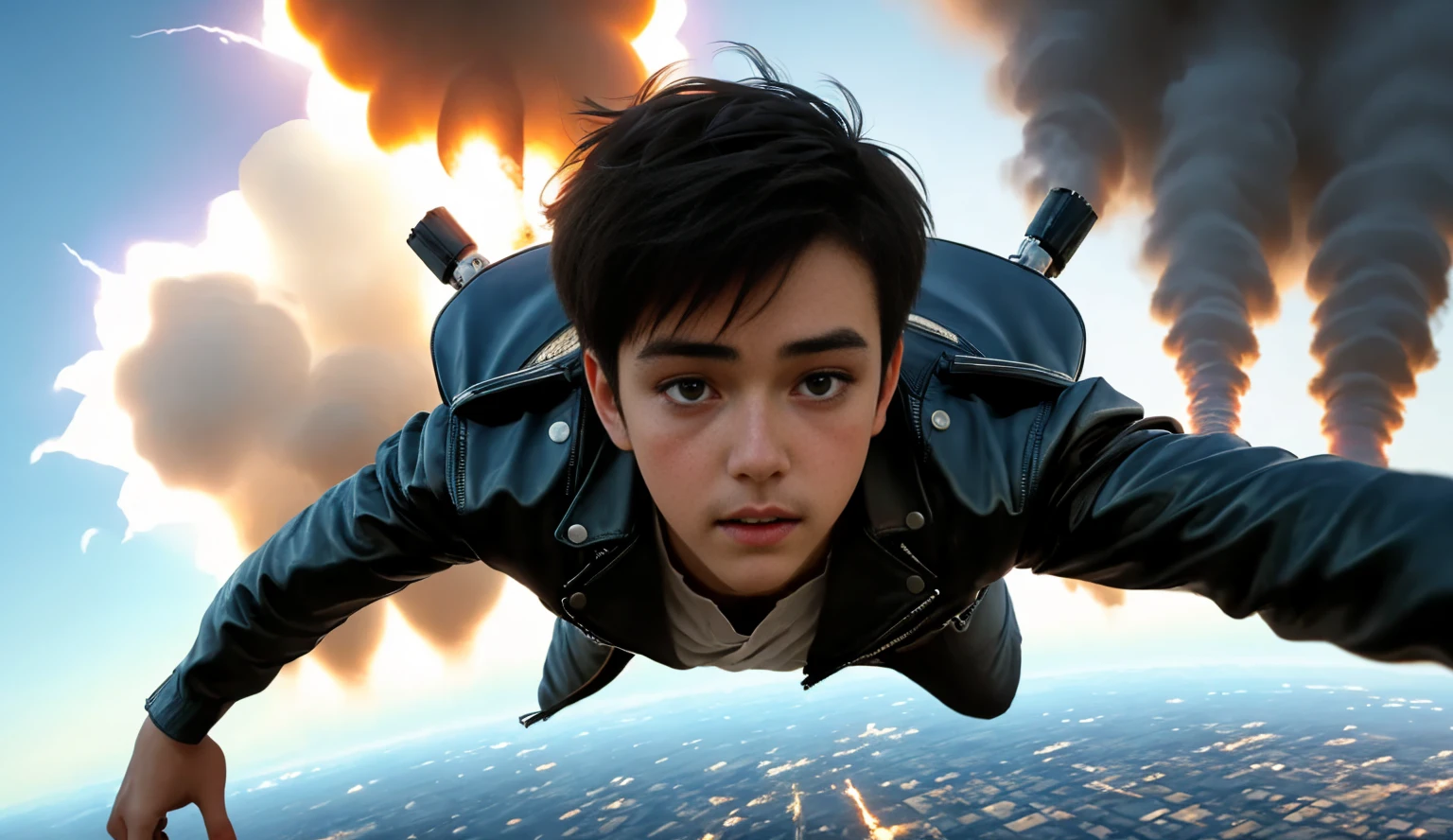  skydiving、LOVEHIROHITO     、Alone, A boy is flying in the sky、Leather jacket、drop down、The city is visible in the background , Flying in the sky, flying face down in the sky、Meaningful々A serious expression、 An atmosphere full of surprise and curiosity、Missiles and explosions in the background 