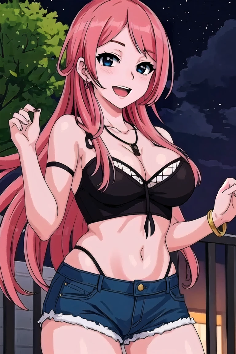 (masterpiece, best quality, high quality, highres, ultra-detailed), takumi-musashino, cloud, pink hair, smile, nighttime, blue eyes, necklace, 1girl, collarbone, outdoors, tree, solo, fence, sky, long hair, open mouth, jewelry, cleavage, tube top, hotpants, slut,