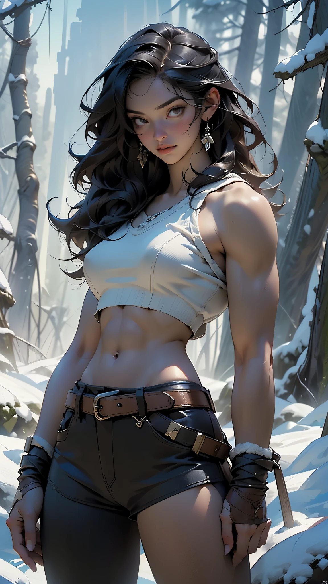 ((( best quality ))), ((( masterpiece ))), ((( absurdres ))), muscular woman beautiful warrior Barbara wielding a large sword, Conan the Barbarian style, Simon Bisley style for a cover of Heavy Metal magazine, tiny thong made of animal skin, large breasts semi covered by animal skin, generous neckline, necklace of bones and teeth, earring of bones, scenery of icy mountains, ((( whole body )))