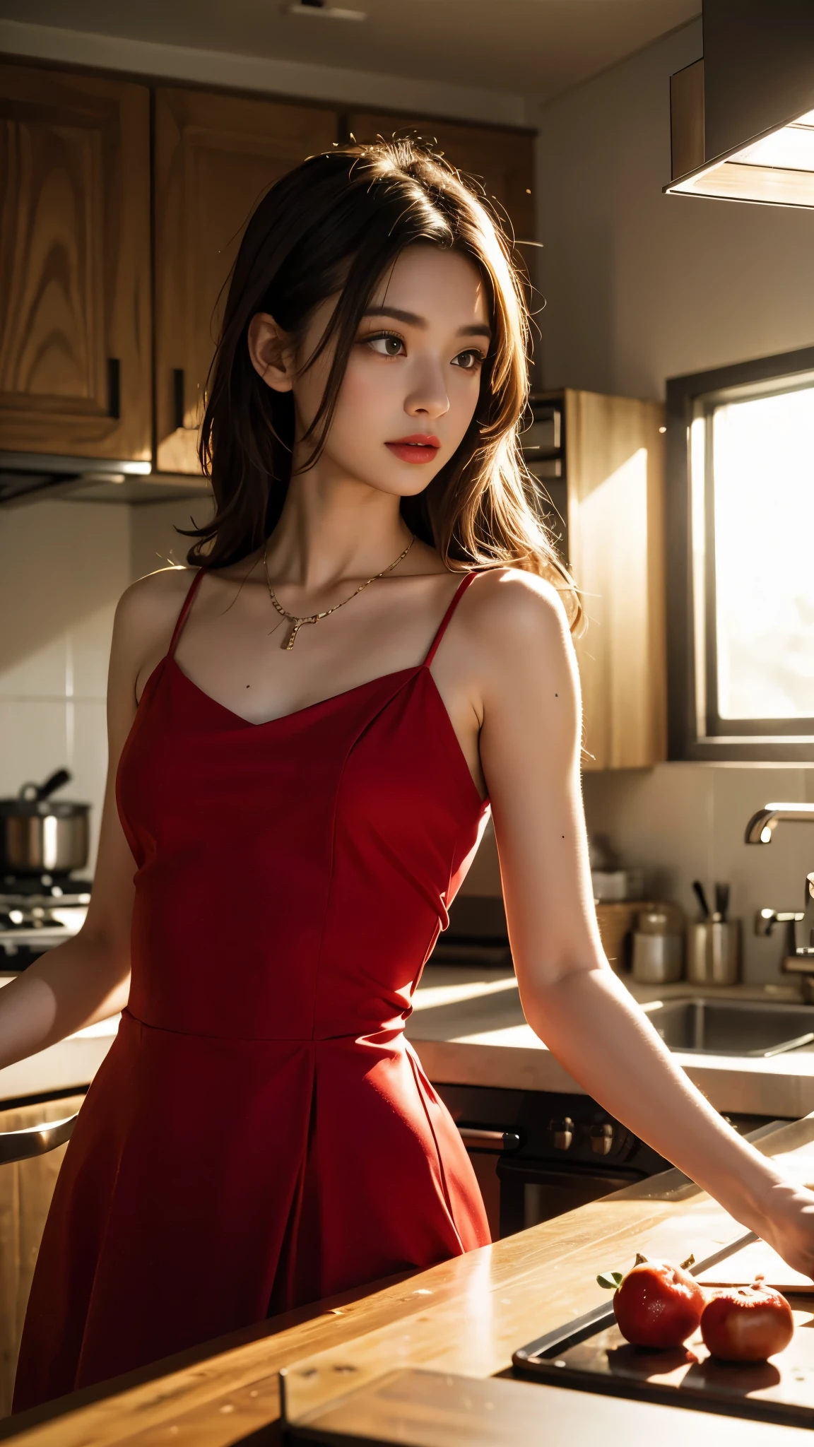 Maste Piece, 1 girl per 1 photo, Cowboy Shot, Front view, a Japanese young pretty girl, standing alone in a kitchen with a big smile, a lemmon in her hand, glamorous figure, wearing only a shiny satin coral red silk chemise with black laces, hyper cute face, Glossy lips, Sweaty body, double eyelids for both eyes, Natural Makeup, shiny smooth light brown hair of long bob hair, Asymmetrical bangs, Tanned skin, central image, 8K resolution, High Detail, detailed hairstyle, Detailed face, Cinematic lighting, Octane Rendering, ultra realisitic, Perfect limbs, Perfect Anatomy