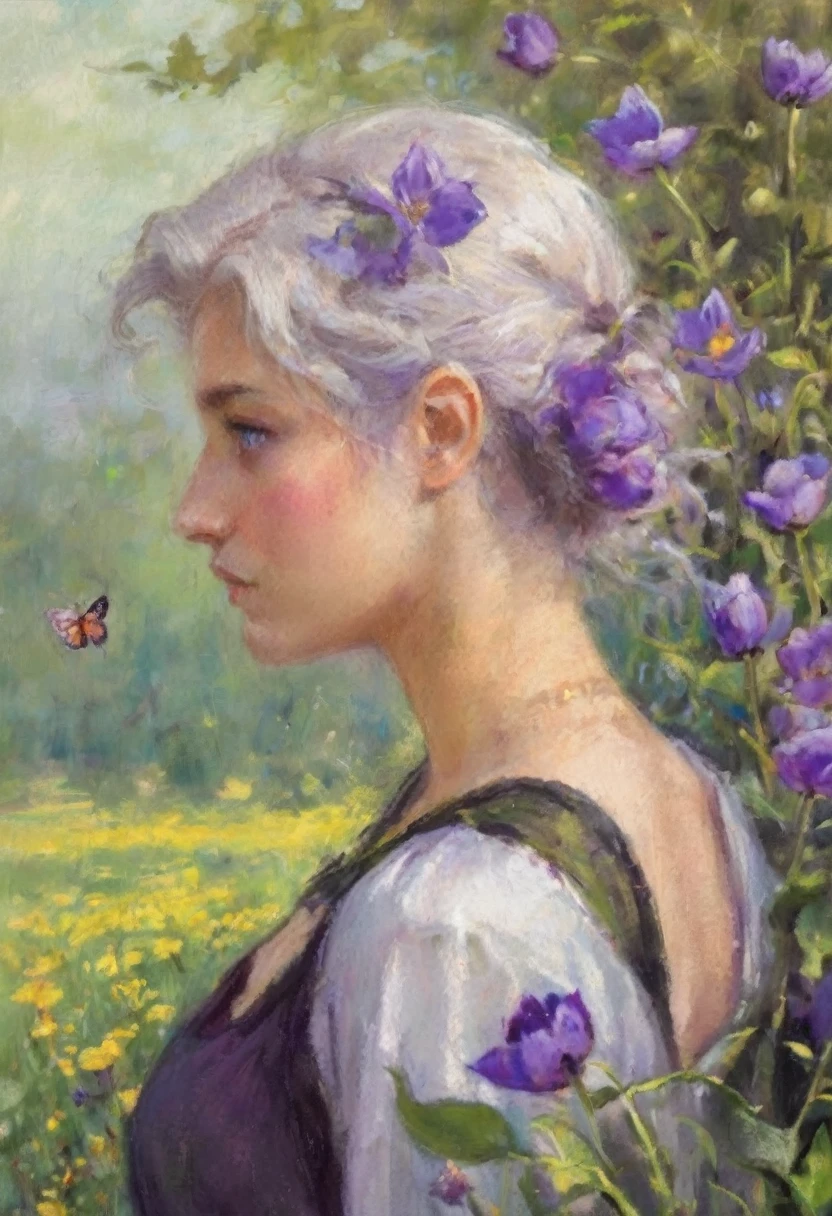 Fluorescent Color, 1 girl, Look to the Side, beautiful face, Beautiful eyes, (off the shoulder: 1.2),  upper body, bright hair, shiny skin, of glare emissions, a woman walking in a field of purple flowers around dandelions and small dots of light surrounding, her white hair flying with the wind, the bright violet eyes looking at the purple tulips with sparkling butterflies around her,  Women's white-haired sports bras, woman in a dark place full of twinkling dots of light and sparkling snowflakes, sparkling butterflies,  Women's white-haired sports bra, dots of light around the woman, Magical Aura, green eyes, Supernatural aura, super magical aura black, beautiful sunset, field of purple flowers, garota em uma field of purple flowers, he walks among the thousands of flowers with the wind spreading his hair like a Goddess