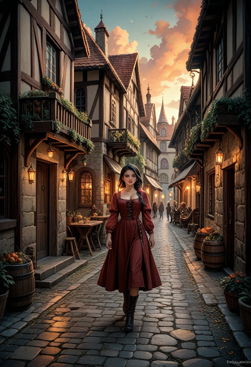 , a slender girl with black hair long to the waist, with red eyes, walking naked through ashes and charred bones in the middle of a medieval town in the city center where there is a chopping block where witches are hanged, the whole city is on fire 