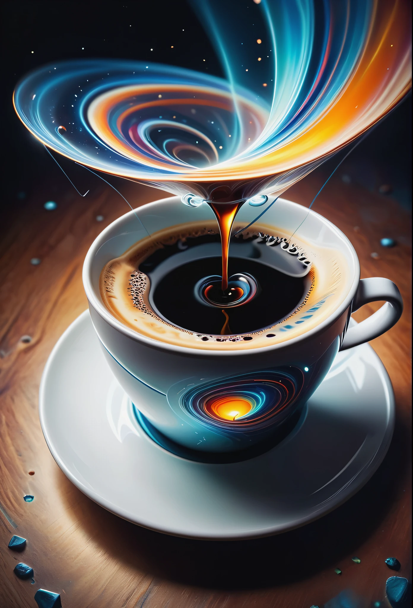 A surreal and abstract image of a coffee concept, where a coffee cup is designed in the shape of an non-Euclidean spiral planes, defying gravity. The coffee inside the cup is swirling in a hypnotic pattern, symbolizing quantum entanglement. The background is ethereal and dreamlike, with soft, pastel colors and subtle geometric shapes that suggest a blend of modern art and science fiction. The overall scene is enigmatic and thought-provoking, merging elements of the ordinary (a coffee cup) with the extraordinary (quantum physics and inverted geometry) studio photo aesthetics, highly detailed, dramatic lighting., neon ambiance, abstract black oil, gear mecha, detailed acrylic, grunge, intricate complexity, rendered in unreal engine, photorealistic.