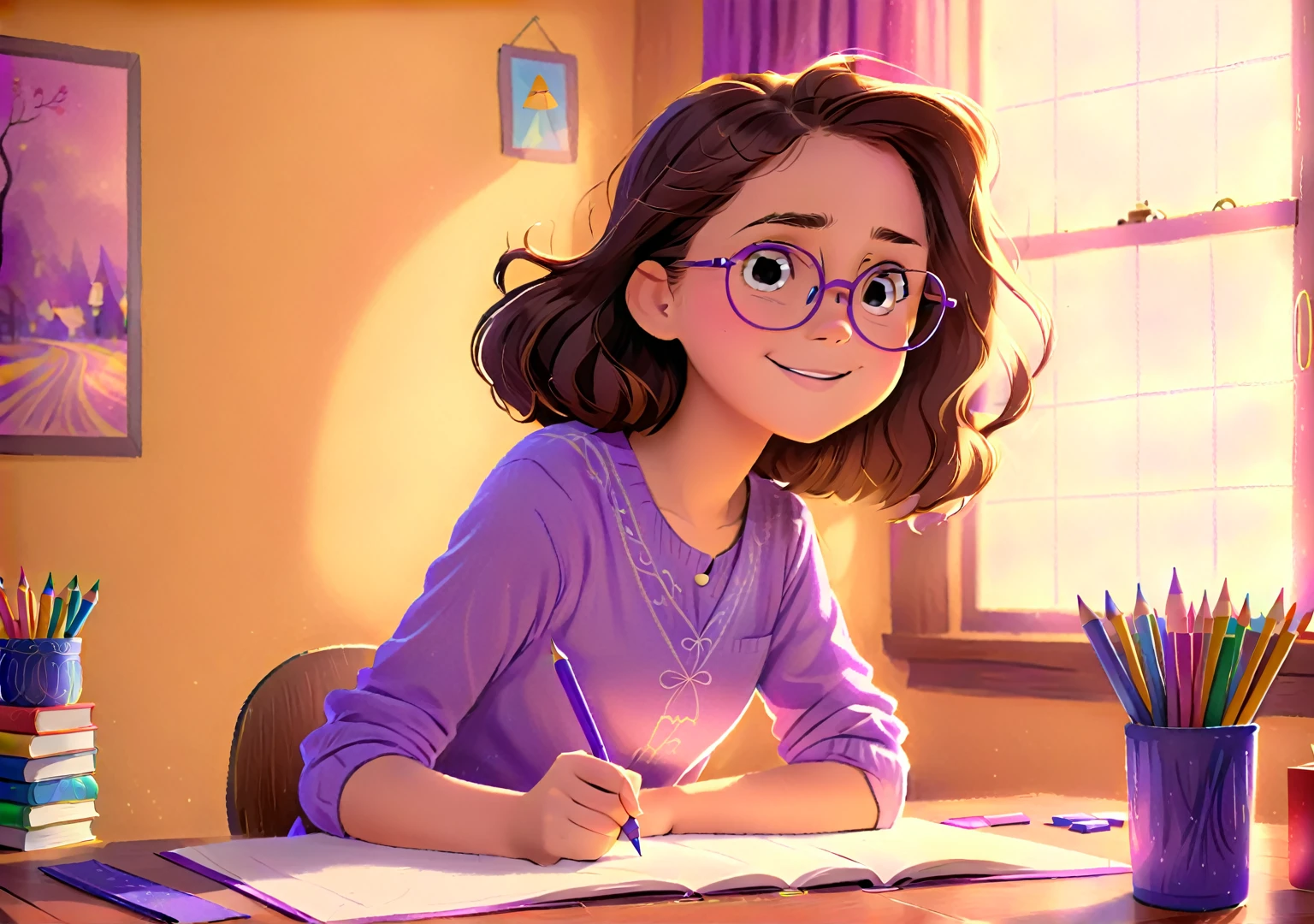 Clara, a small girl with brown wavy hair, using glasses, drawing with crayons, happy expression, wearing purple shirt. Detailed face, intricate details, colorful crayons, cozy indoor setting, beautiful lighting, soft pastel colors, warm tones, cinematic composition, award winning illustration, highly detailed, photorealistic, 8k, masterpiece, professional, award winning, cinematic lighting, soft focus, beautiful composition, consistent character. The illustration should be simple and clean. The style of the illustration resembles a classic ren's book, combining a Disney cartoon and watercolor illustration but with thick lines outlining the image.