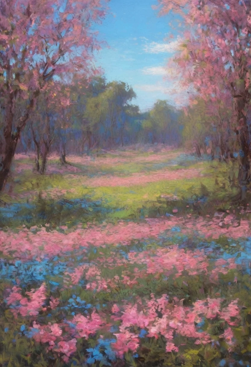 An empty lot，Flowers grow in open spaces，In the distance there is a pink forest，The flowers are bright，sparkles of light，Clear skies change from above ，Look at the camera from below，clear lighting，volume lighting， super detail，Environmental details， high quality，layer，Fantasy，until， masterpiece ，best quality 4000x2000 in shades of pink and blue