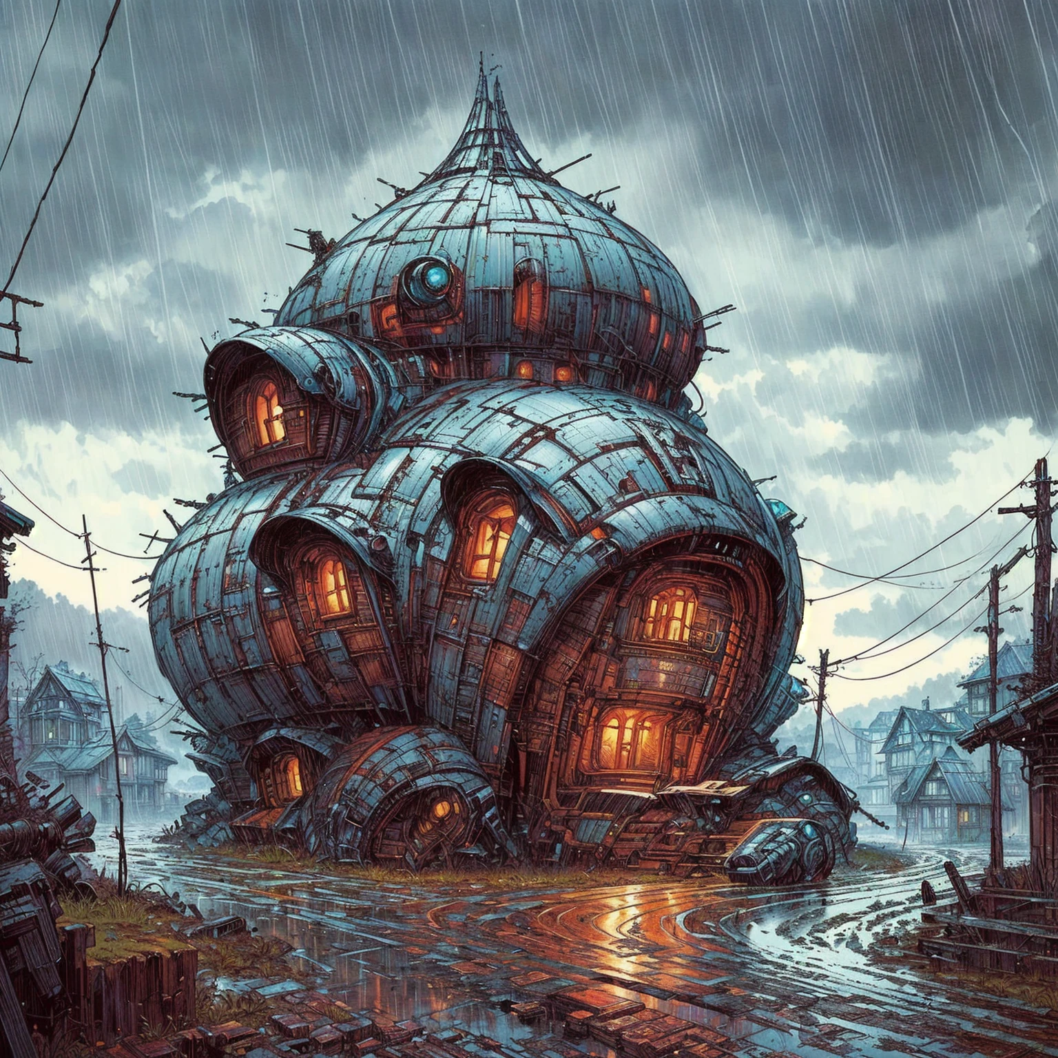 a picture taken from a video game of a house in the rain, Style of Moebius, Métal Hurlant, Style of Philippe Druillet, alejandro burdisio art, by Alejandro Burdisio, inspired by Alejandro Burdisio, peter gric and dan mumford, fantasy house, inspired by Jacek Yerka, bussiere rutkowski andreas rocha, dan mumford tom bagshaw, surreal concept art, painting by dan mumford