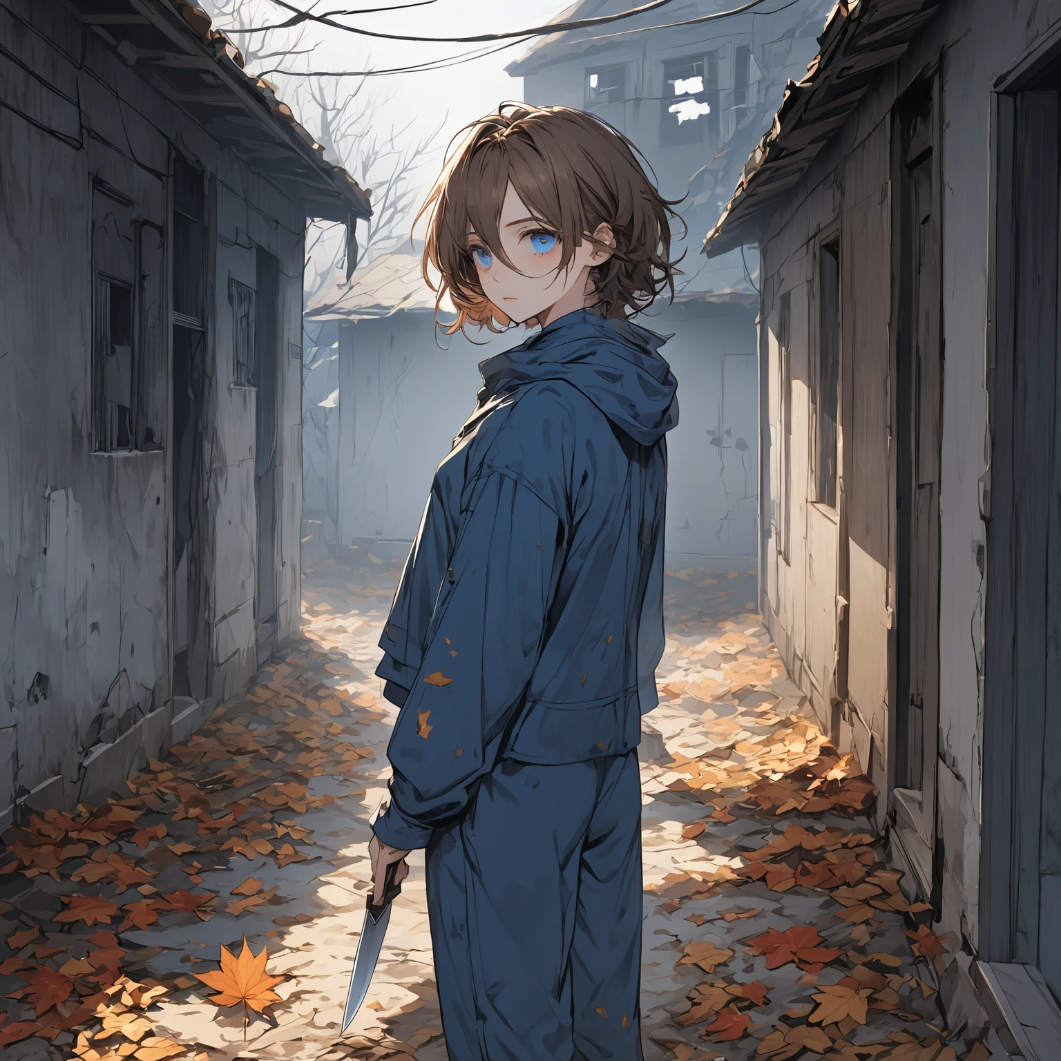 1 man, (cold, piercing blue eyes), ((short, messy brown hair)), (wearing a weathered, dark blue jumpsuit with visible dirt and tears), (pale, expressionless mask with faint cracks, hollow eye sockets that give an eerie stare; holding a large, gleaming kitchen knife in his right hand; standing in a dimly lit alleyway with fog swirling around his feet; faint shadows of autumn leaves scattered across the ground; the background shows an abandoned house, partly obscured by mist, with a haunting glow from a single upstairs window).