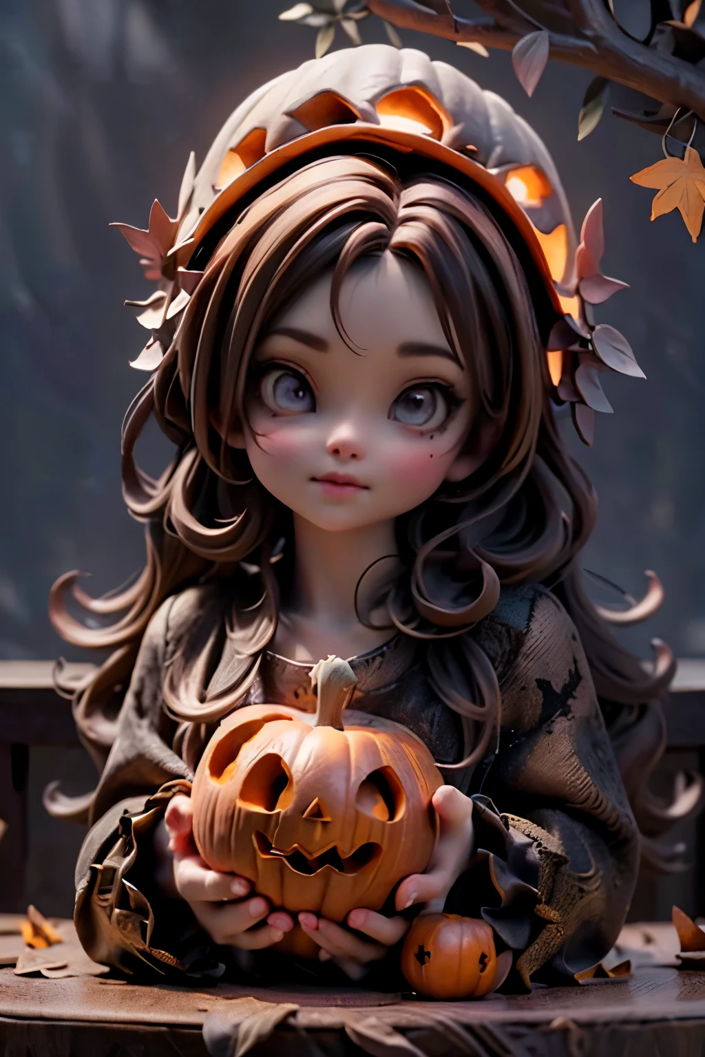 best quality,ultra-detailed,photorealistic,3D rendering,(jack-o-lanterns:1.2),(pumpkins:1.1),spooky atmosphere,autumn colors,(soft candlelight:0.9),(dark shadows:0.9),vibrant orange pumpkins,meticulously carved faces,impressive sculpting skills,hauntingly realistic expressions,twinkling candle flames,flickering lights,creepy,seemingly alive pumpkins,elaborate designs,nighttime glow,witches,full moon,crisp cool air,gothic backdrop,monstrous faces,nightmarish atmosphere eerie ambiance,enchanted Halloween scene