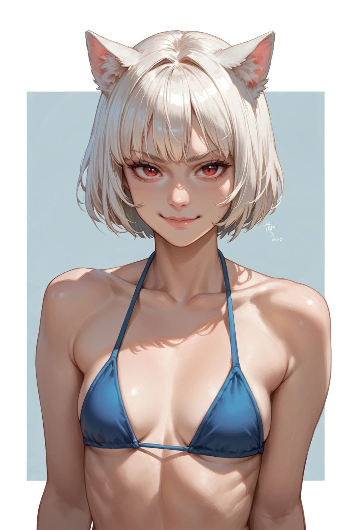 Cartoon of a girl, solo, sexy, slutty, seductive, smirk, closed mouth, pale skin, short white hair, white cat ears on head, red eyes, big round eyes, blue top bikini, small breasts, simple background