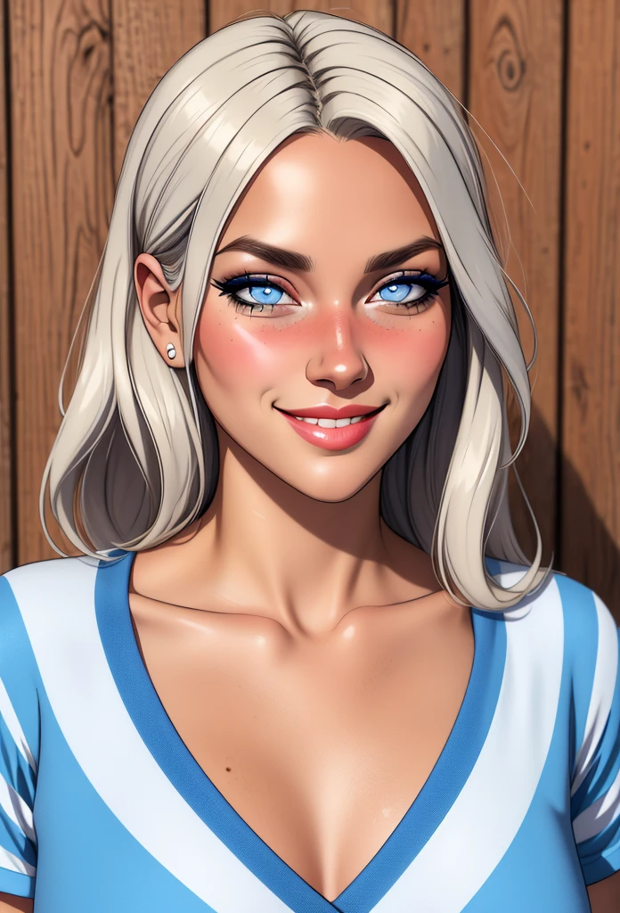 fan striped blue and white shirt, Paysandu shirt, long eyelashes,  Solid circle eyes,  light smile , ear blush, taken, Anáglifo, Stereogram, tachi-e, throw, 8k,  Super detail, Necessary,  best quality, 1080P,  best quality, Altas,  tall details,  textured skin ,  tunic ,  textured skin ,  textured skin ,  tunic 