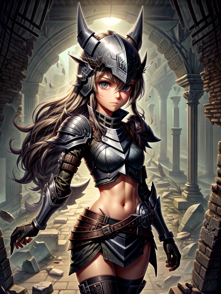  Detailed 8k female helmet and mask paladin of iron shards all black attack mode(from the waist up) Inside the ruins