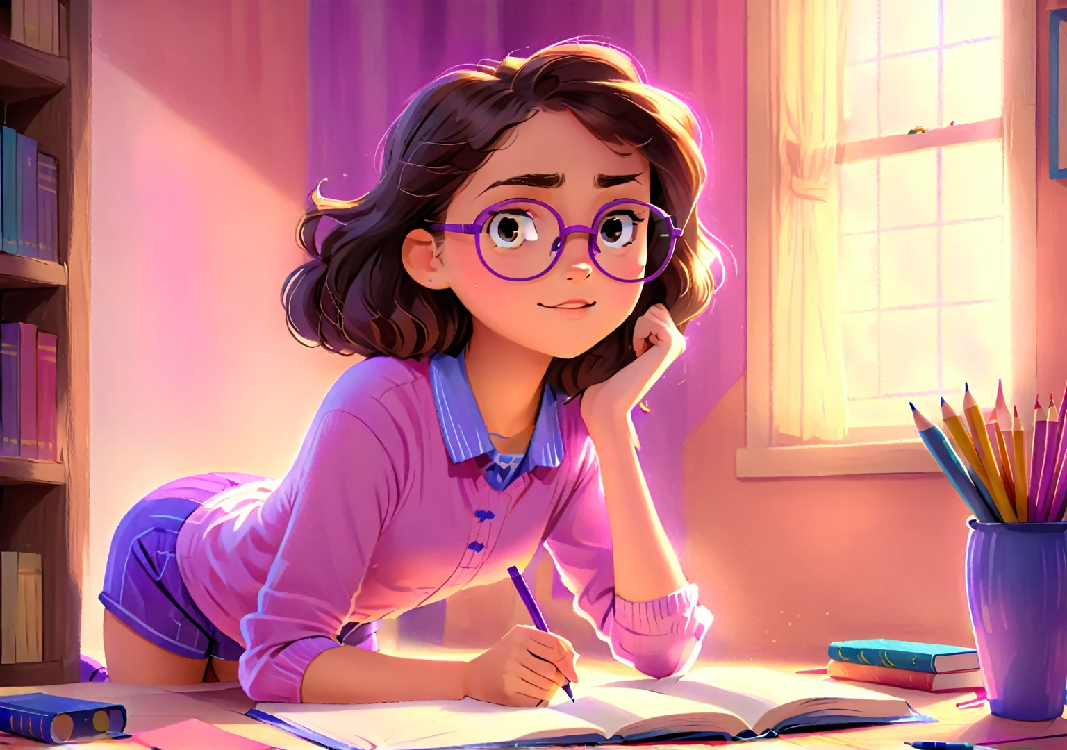 Clara, a girl with brown wavy hair, using glasses, she is standing up and is listening to something, concerned expression, wearing a purple shirt, pink shorts and blue boots. Detailed face, intricate details, colorful crayons, cozy indoor setting, beautiful lighting, soft pastel colors, warm tones, cinematic composition, award winning illustration, highly detailed, photorealistic, 8k, masterpiece, professional, award winning, cinematic lighting, soft focus, beautiful composition, consistent character. The illustration should be simple and clean. The style of the illustration resembles a classic ren's book, combining a Disney cartoon and watercolor illustration but with thick lines outlining the image.