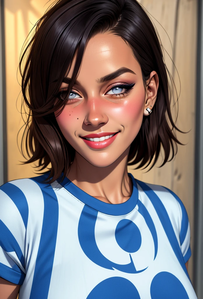 fan striped blue and white shirt, Paysandu shirt, long eyelashes,  Solid circle eyes,  light smile , ear blush, taken, Anáglifo, Stereogram, tachi-e, throw, 8k,  Super detail, Necessary,  best quality, 1080P,  best quality, Altas,  tall details,  textured skin ,  tunic ,  textured skin ,  textured skin ,  tunic 