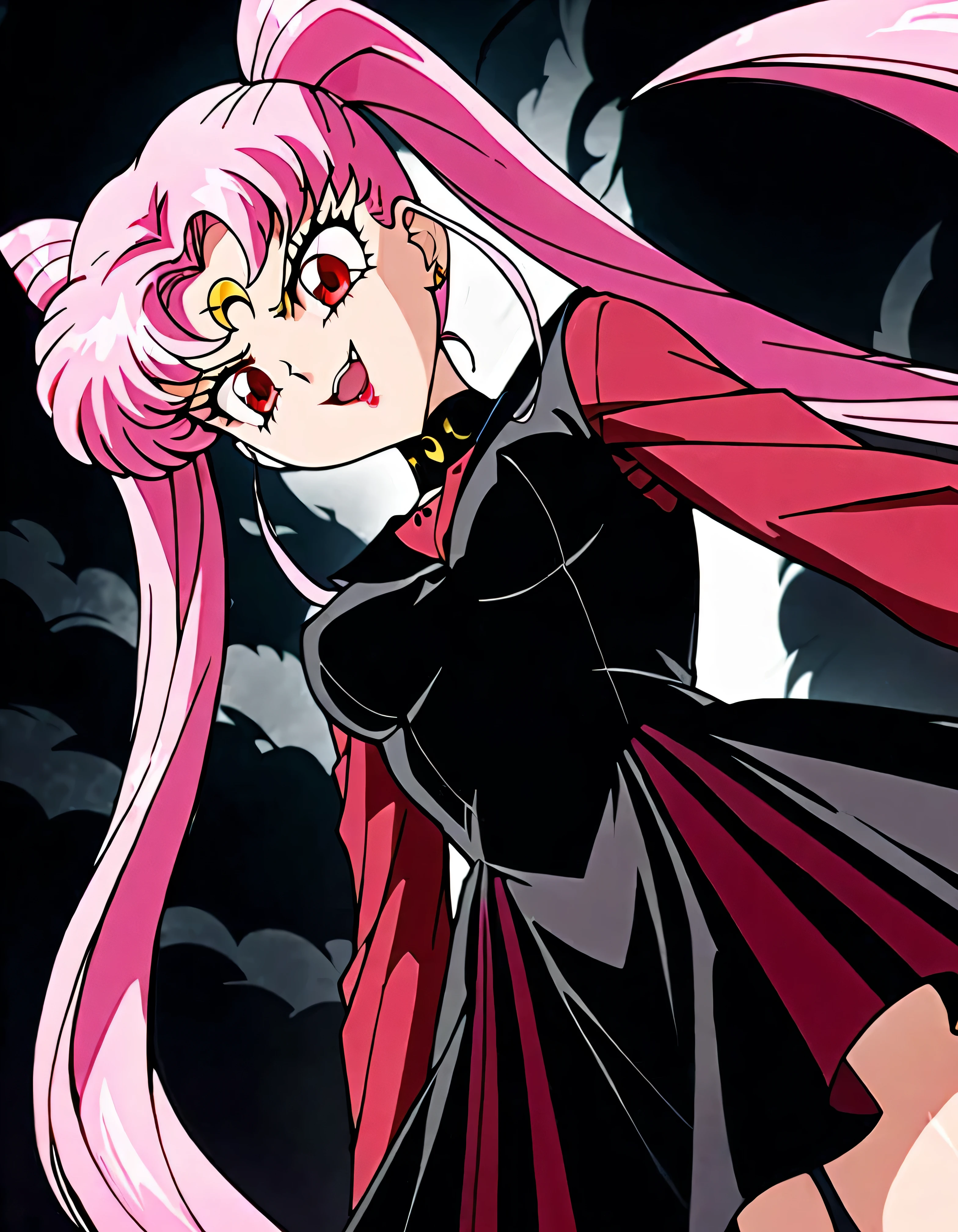 Sailor Moon's Wicked Lady, Pink Hair, Red eyes, , black crescent symbol on forehead, very evil smirk,open_mouth,beautiful body,shaded face(eyes in evil shadow),((masterpiece,best quality)), absurdes,black dress,,beautiful face,,looking down at viewer,twintail,,Sadistic ridicule,look down,looking down at viewer, ,evil darkness background,from below,close up,Dark Side、Alone、1girl,darkness,wander,Dark Dark Fantasy ,Disturbing Black Darkness