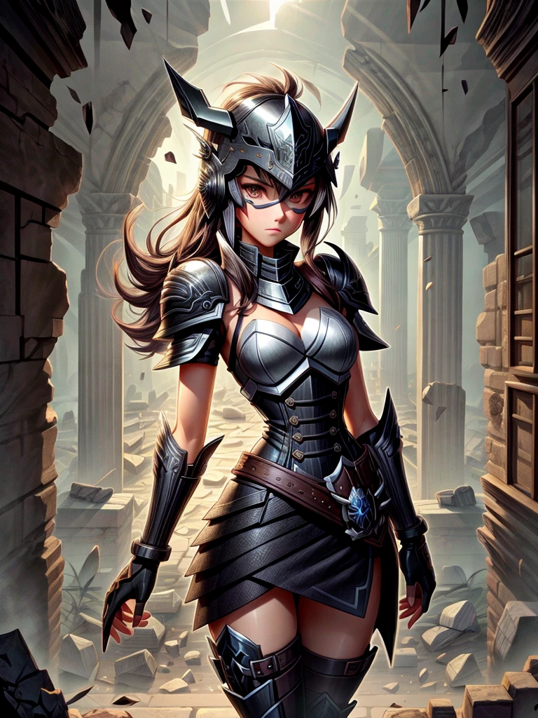  Detailed 8k female helmet and mask paladin of iron shards all black attack mode(from the waist up) Inside the ruins