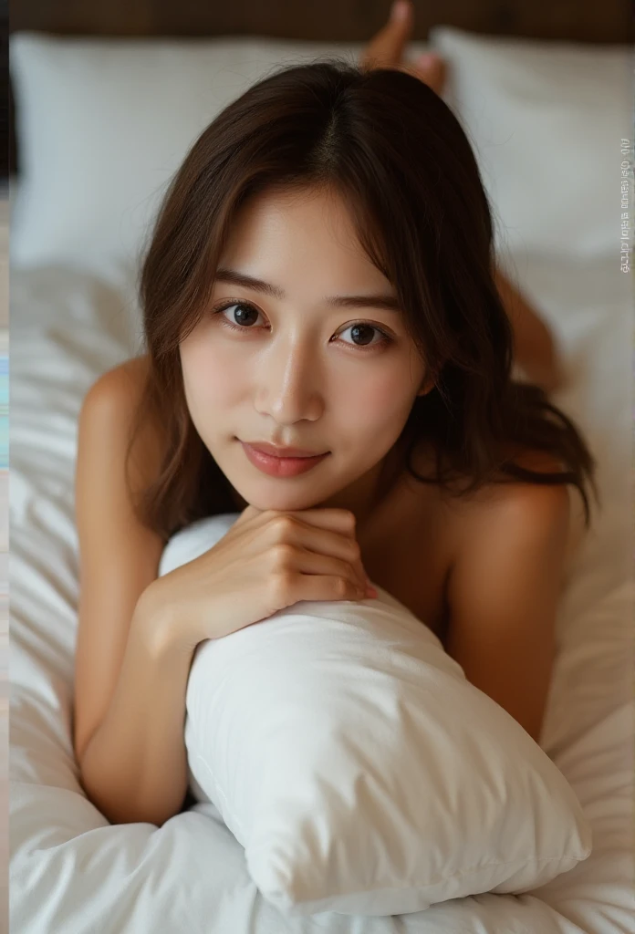 Photo from a gravure magazine, a stunning beautiful photo of a asian slender woman.she is hugging a pillow on a luxury bed. View from above.her body is perfect and sexy, her skin is crystal clear. Lying on stomach 