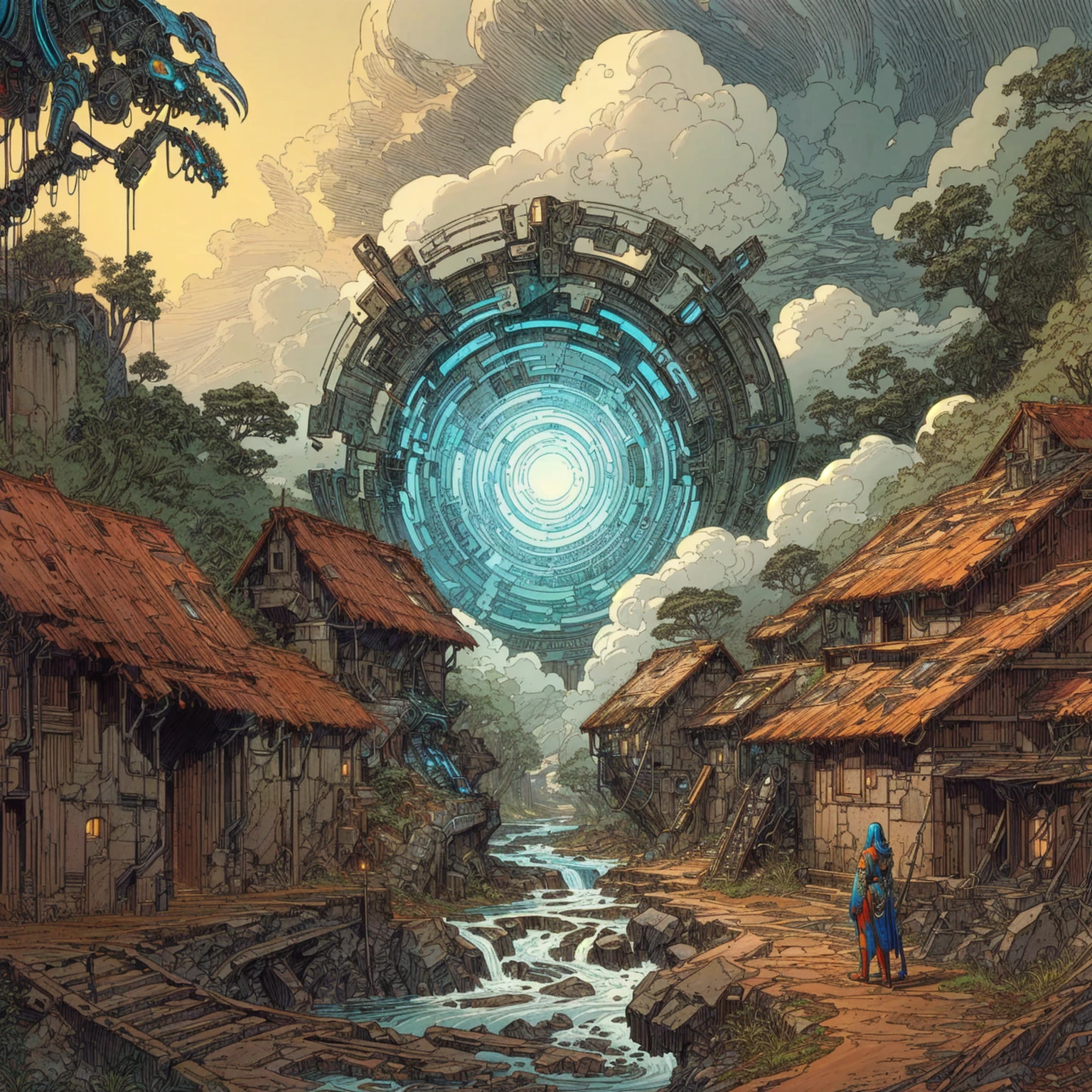 a painting of a river running through a village with a giant portal in the background, Style of Moebius, Métal Hurlant, Style of Philippe Druillet, greg beeple, peter gric and dan mumford, 4k highly detailed digital art, dimensional portal, symmetrical epic fantasy art, epic fantasy sci fi illustration, 4k detailed digital art, portal to another world, dream portal, ancient alien portal, sci-fi fantasy wallpaper