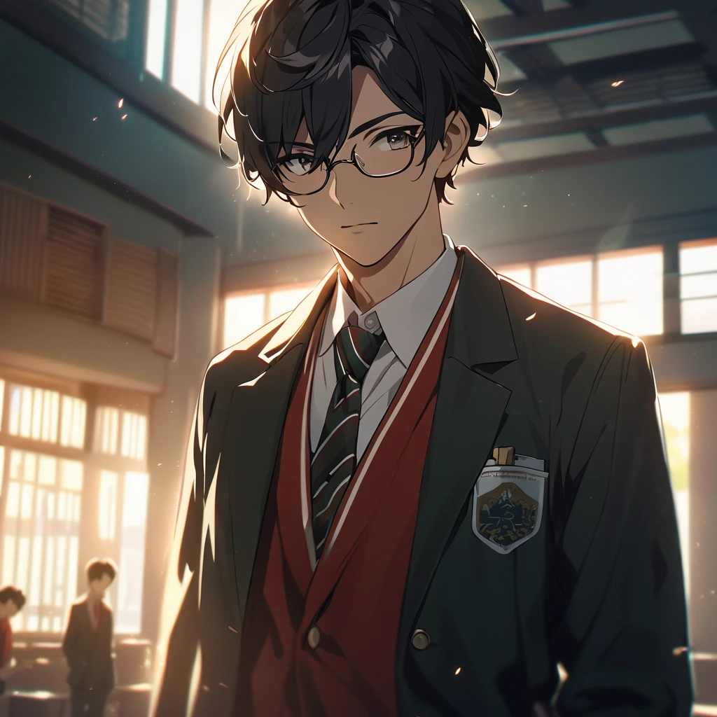  From front, handsome anime male, light skin, black hair, short hair, eye glasses, Indonesia highschool Uniform, On school, Warm lighting, Dramatic lighting, Cinematic, 4K quality, Beautiful scenery, 