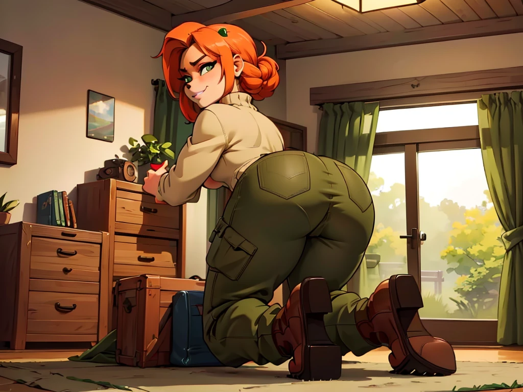 (best quality,4k,8k,highres,masterpiece:1.2),ultra-detailed,realistic:1.37,portrait, sancy anthro bandicoot girl redhead, braided hair, beautiful green eyes,  ???? ,seductive, warm sweater, beanie-balaclava, camouflage pants, army boots, smirking, cozy lighting, vibrant colors ,girl anthro , sweater, beanie-balaclava, camouflage pants, army boots, put on army combat boots close-up,ties up