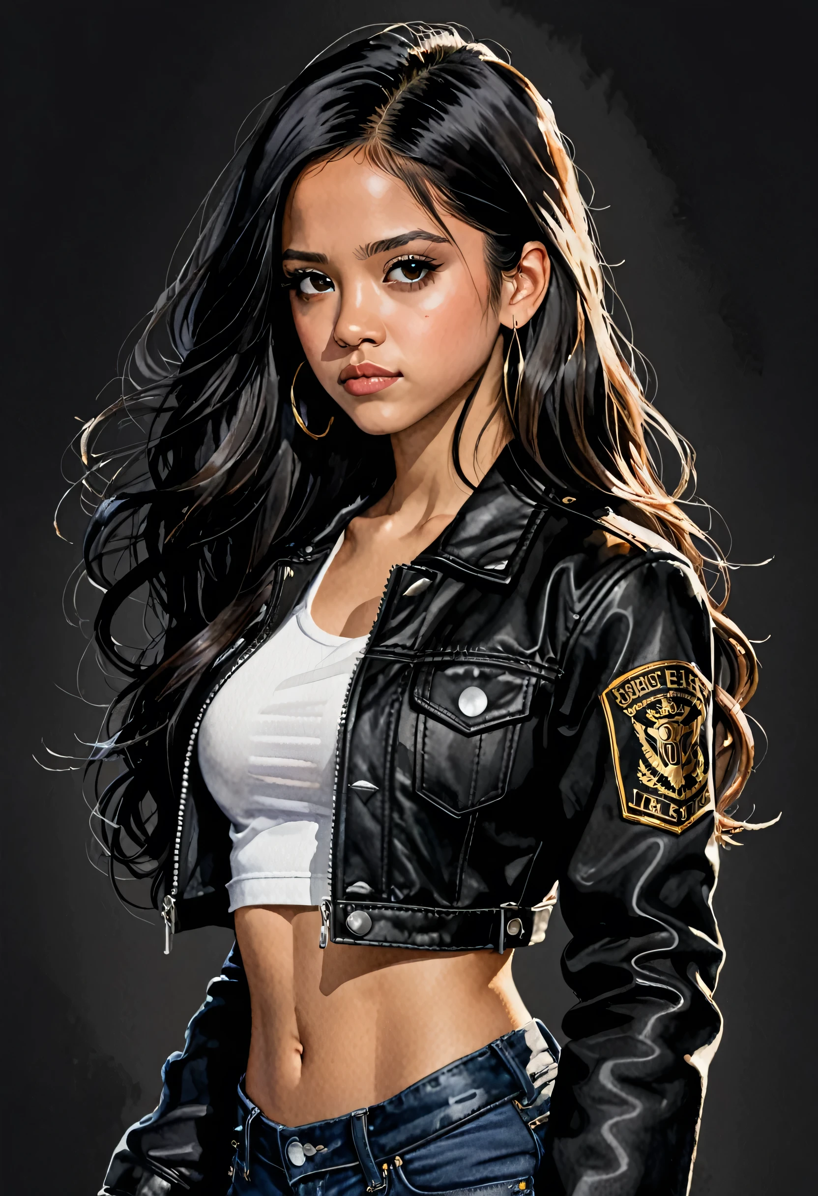 Masterpiece, ultra detailed, portrait, solo, 1girl, jenna_ortega_v4, Latina, long hair, black hair, thin and athletic, black eyes, small frekles, wearing black leatger jacket, White crop top, jeans, art by Enki Bilal, watercolor, DeviantArt, high resolution, worry, look behind her shoulder, black background, simple background, novel cover