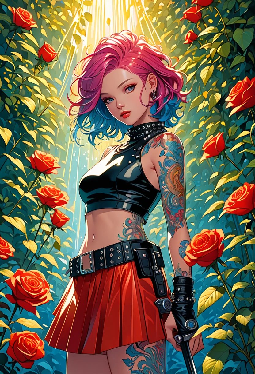 highly detailed highly realistic, best quality masterpiece, full watercolors, all colors -haired  em fusão Alita + Nicole sexy como uma cyber a gente punk tatuada estilosa moderna rodeada de correntes ardente em fogo com espada lazer corte super preciso alinhado, ela está  em um jardim de rosas negras brilhante com vagalumes scene, film grain, dynamic pose, dynamic shine and shadow play, intricate lighting, luminism, inspired by James Jean, Craola, Andy Kehoe