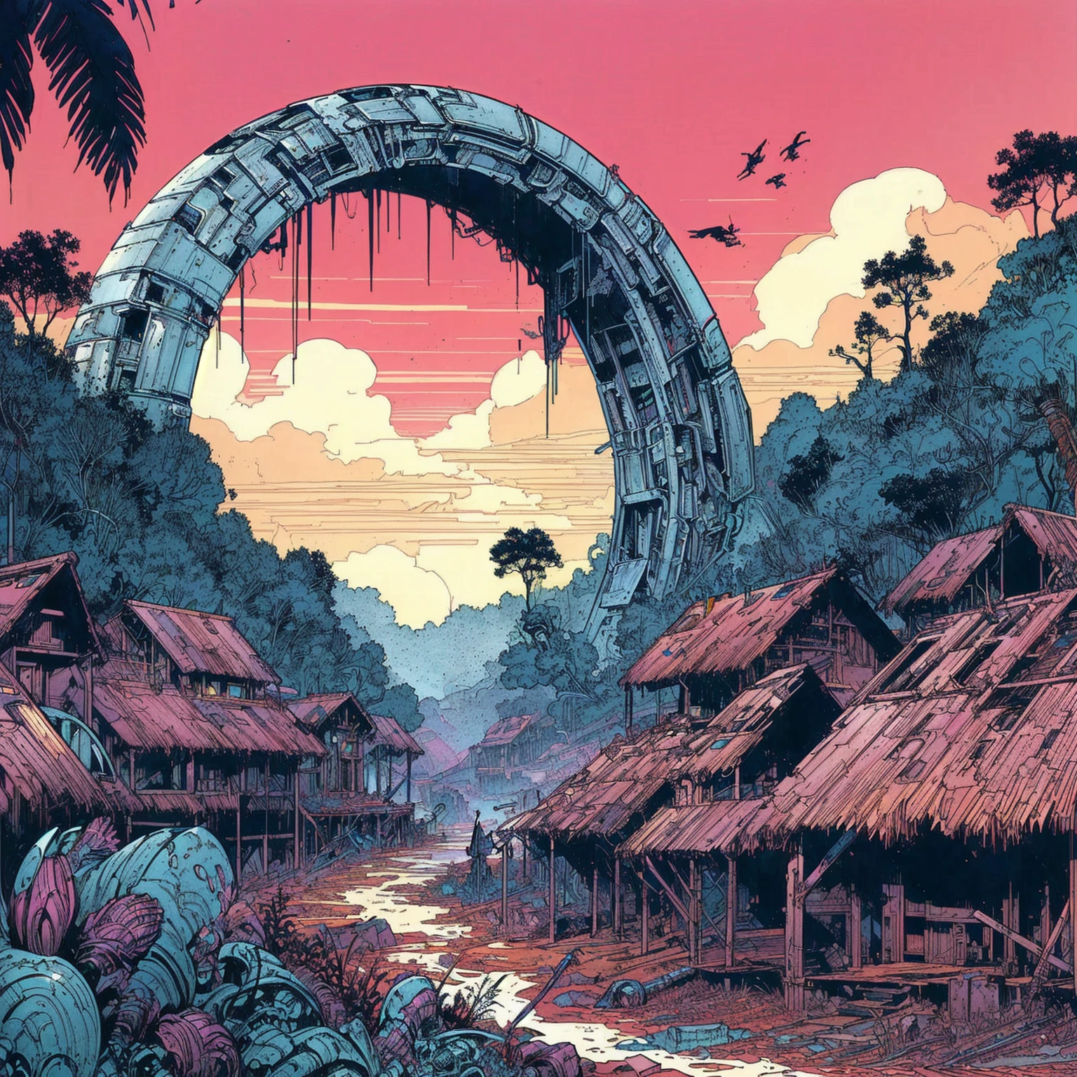 a close up of a painting of a village with a giant structure,  Style of Moebius, Métal Hurlant, Style of Philippe Druillet, greg beeple, josan gonzales and dan mumford, by Kilian Eng, inspired by Josan Gonzalez, ( ( ( ( ( dan mumford ) ) ) ) ), beeple and jean giraud, peter gric and dan mumford, moebius and kilian eng