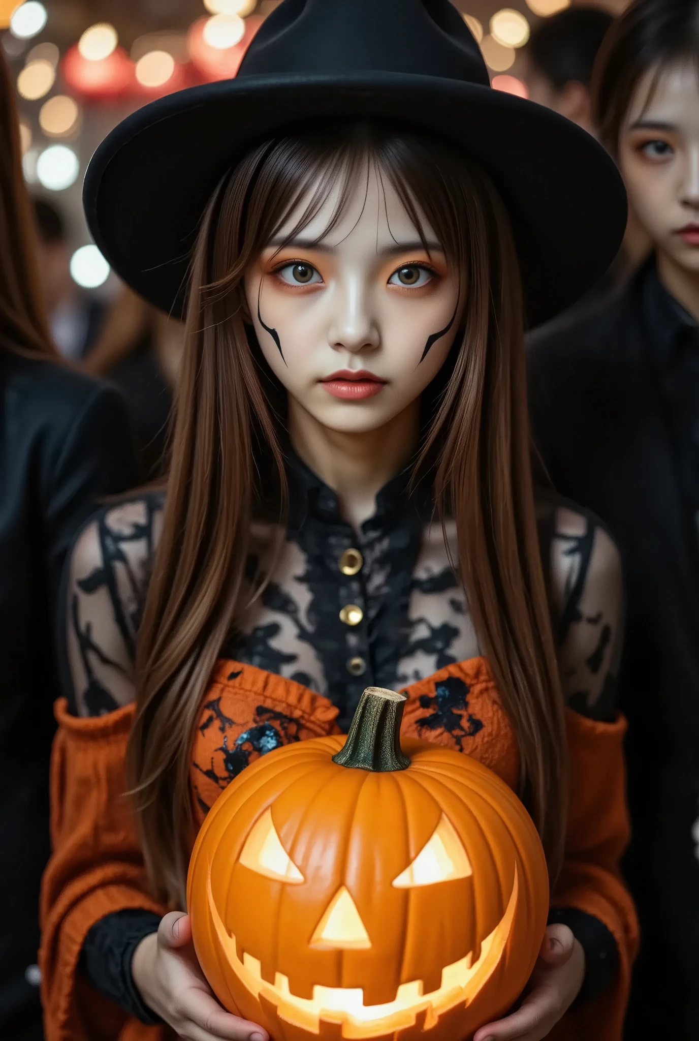 portrait, photo of Japanese girl, focus on the eyes, 1girl, long hair, super light brown hair, slim body shape, high contrast, detailed eyes, detailed hair, Position your eyes closer to your nose, 20yo, 

 (Girl in Halloween zombie make-up: 1. 2), elaborately drawn zombie make-up accentuates her expression, (Scar make-up: 1. 2), wearing a black cape with bats printed on it over an orange top and a witch hat on her head, Songbi make-up at a party venue Enjoying herself, mouth wide open, howling eerily, holding a glowing jack-o-lantern,