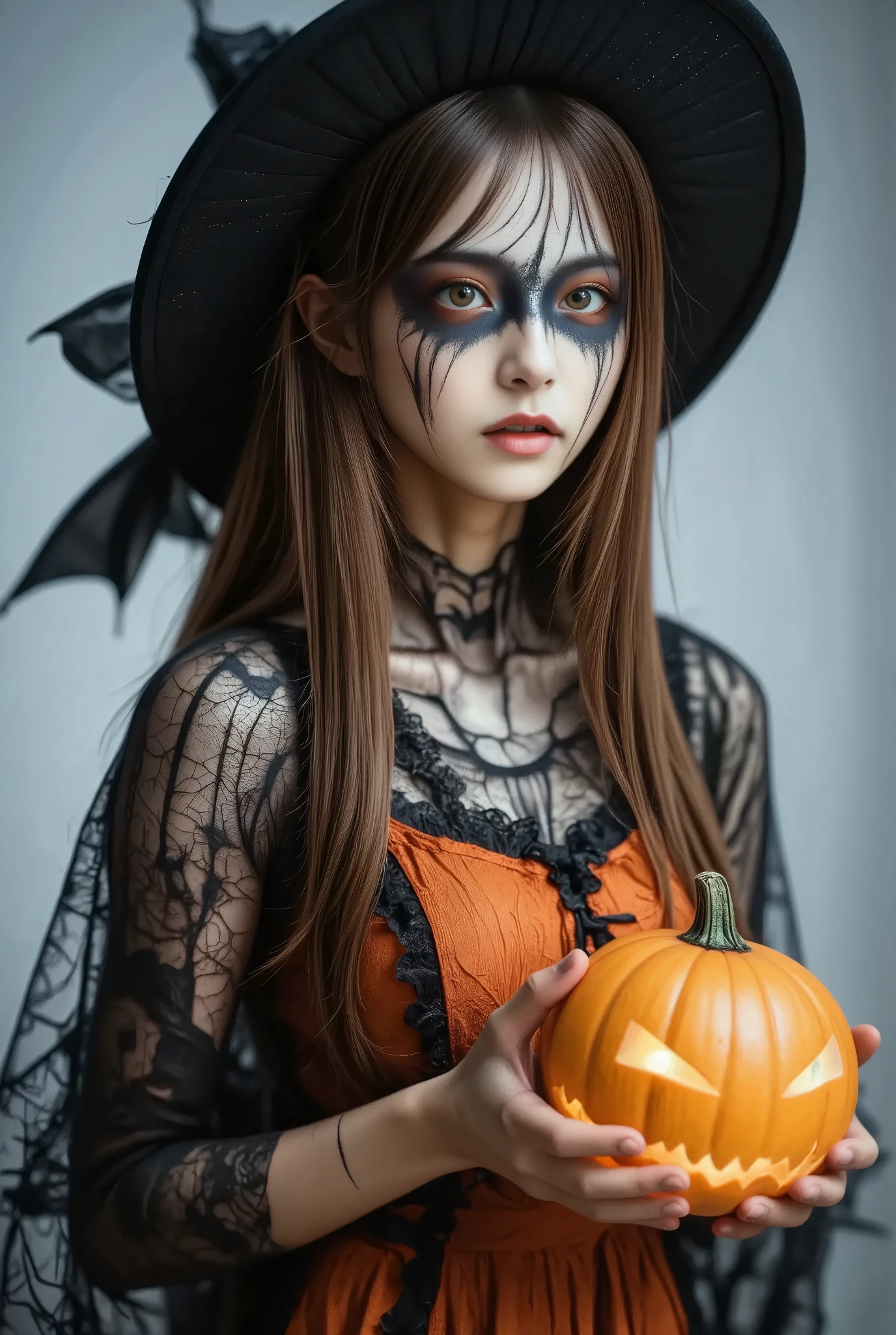 portrait, photo of Japanese girl, focus on the eyes, 1girl, long hair, super light brown hair, slim body shape, high contrast, detailed eyes, detailed hair, Position your eyes closer to your nose, 20yo, 

 (Girl in zombie make-up:1.2), elaborately painted zombie make-up, (Scar make-up:1.2), wearing black cape with bats printed on it over orange top, witch hat on head, gothc, enjoying sombi make-up at party venue, howling eerily holding a glowing jack-o-lantern, 