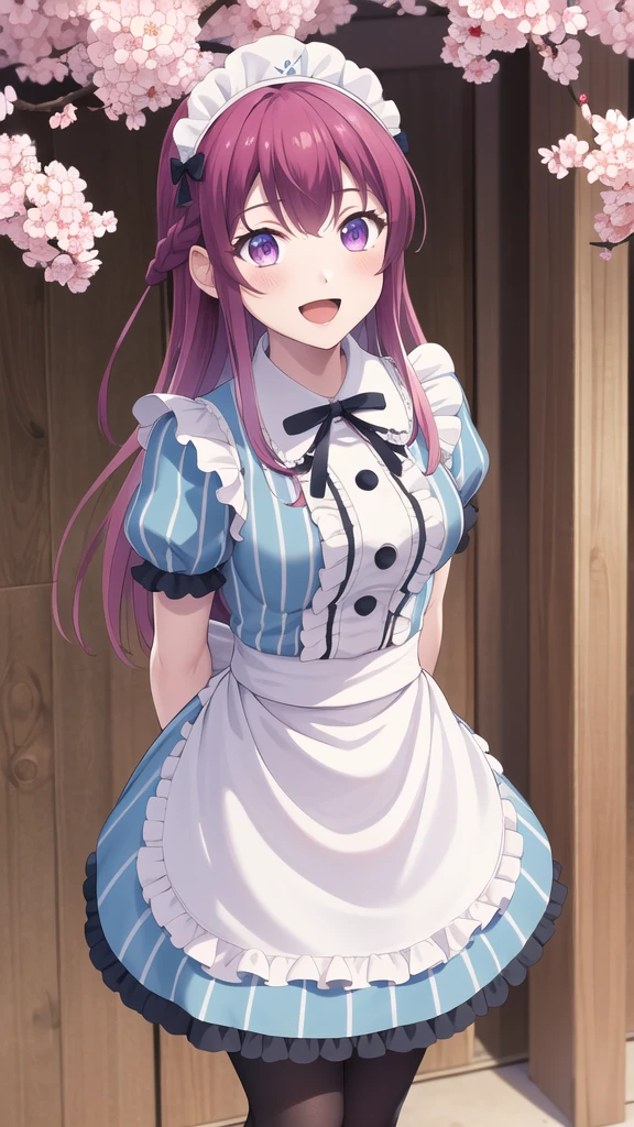 masterpiece, best quality, highres, 1girl, solo, long hair, purple hair, braid, maid headdress, purple eyes, neck ribbon, frills, vertical stripes, blue dress, short sleeves, apron, black pantyhose, arms behind back, smile, open mouth, standing, cowboy shot, leaning forward, outdoors, cherry blossoms,