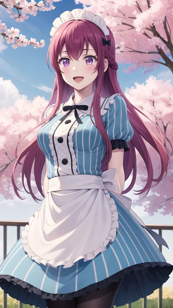 masterpiece, best quality, highres, 1girl, solo, long hair, purple hair, braid, maid headdress, purple eyes, neck ribbon, frills, vertical stripes, blue dress, short sleeves, apron, black pantyhose, arms behind back, smile, open mouth, standing, cowboy shot, leaning forward, outdoors, cherry blossoms,