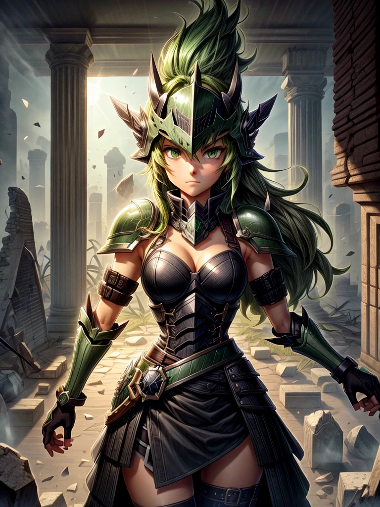 Detailed 8k women's green hair helmet and mask paladin of iron shards all black attack mode(from the waist up) Inside the ruins