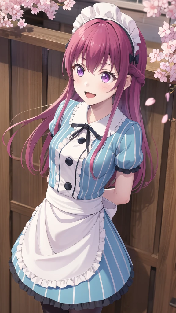 masterpiece, best quality, highres, 1girl, solo, long hair, purple hair, braid, maid headdress, purple eyes, neck ribbon, frills, vertical stripes, blue dress, short sleeves, apron, black pantyhose, arms behind back, smile, open mouth, standing, cowboy shot, leaning forward, outdoors, cherry blossoms,