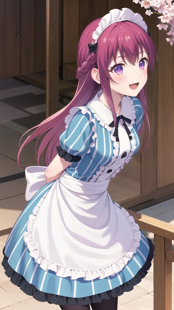 masterpiece, best quality, highres, 1girl, solo, long hair, purple hair, braid, maid headdress, purple eyes, neck ribbon, frills, vertical stripes, blue dress, short sleeves, apron, black pantyhose, arms behind back, smile, open mouth, standing, cowboy shot, leaning forward, outdoors, cherry blossoms,