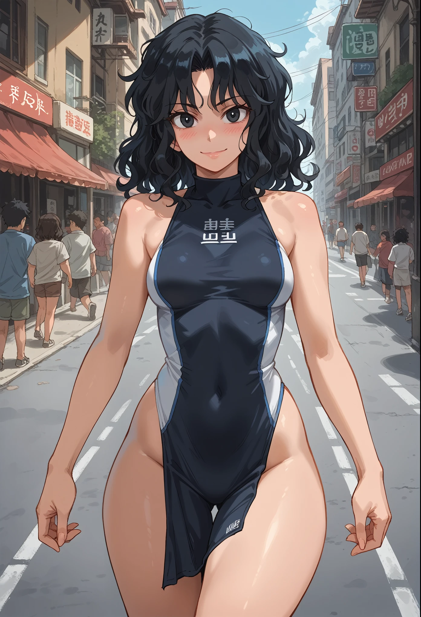 masterpiece, best quality, 1girl, kaoru tanamachi, black eyes, black hair, messy hair, blue one-piece running suit, looking at viewer, wavy hair, detailed skin texture, detailed cloth texture, beautiful detailed face, medium breasts, blush, seductive smile, at empty street, slender, wide hips