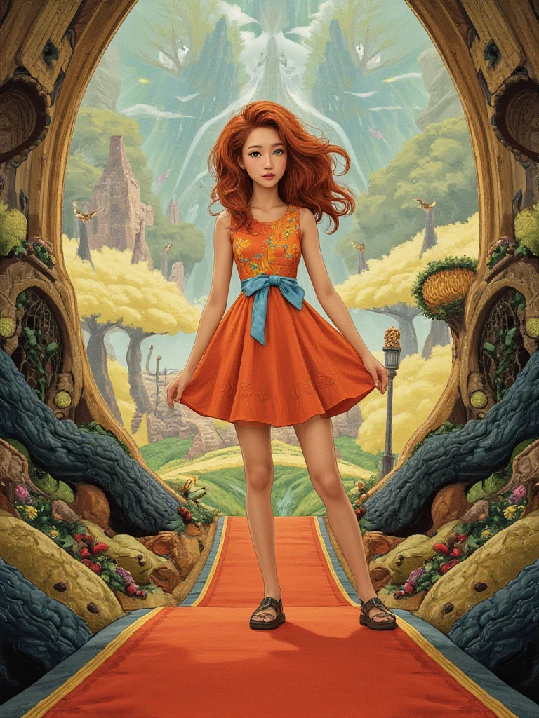 young redhead, 10 years old realistic thin face, wavy hair, 8k, emma gonzalez, yellow princess dress