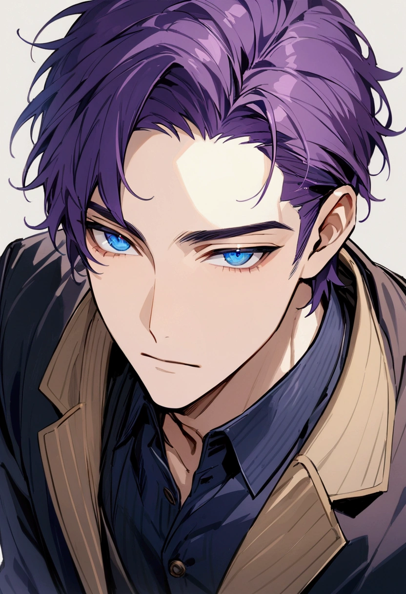 whole body、Character portrait、male、masterpiece、Handsome、The forehead is visible、1 man,  purple Hair、Worn suit、Jacket、Give bangs、Showing his forehead、Handsome、Intricately drawn eyes、good looking、((blue eyes)), 30 years old, handsome male