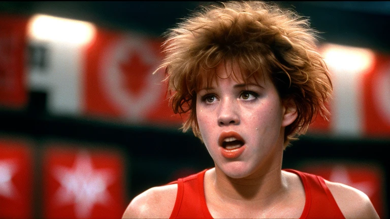 Eighteen-year-old Molly Ringwald, angry, shouting, pointing at someone, messy/shaggy razored/layered haircut with sideswept bangs, wearing red wrestling singlet, professional wrestling ring, female professional wrestler, scene from film, extremely realistic, extremely detailed, extreme realism, extreme detail, cinematic, shot on 35mm film, professional wrestling event