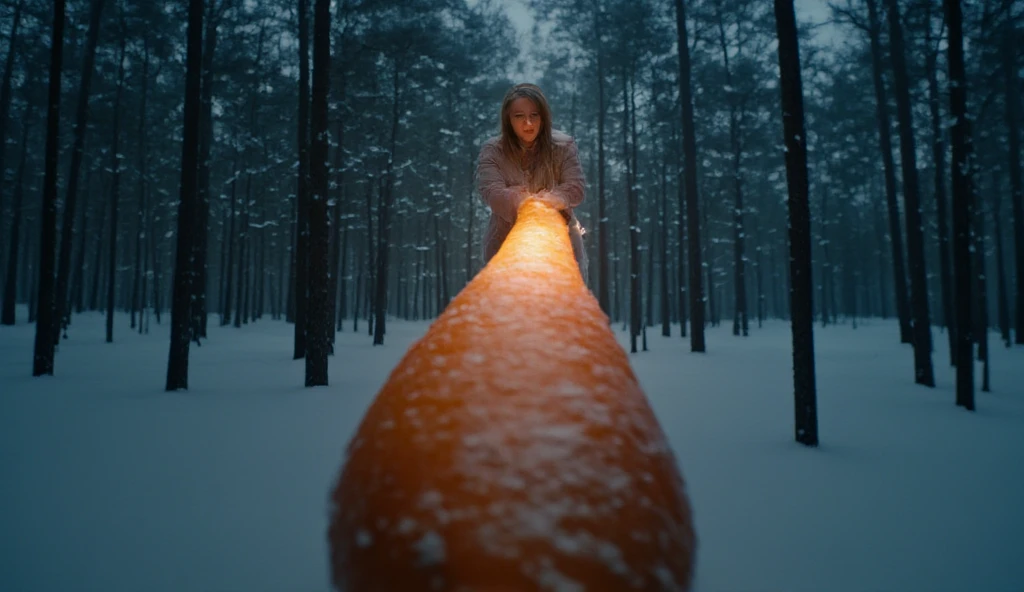 ((masterpiece)) ((photography)) ((Highest quality)) Ultra-realistic, POV shot from the very tip of a giant frosty carrot, looking down its length towards a character resembling Elsa in a dark, snowy forest. She is pulling the carrot towards herself with a playful expression, the forest surrounding her with snow-covered trees and shadows. The camera captures the vibrant orange color and frost texture of the carrot in the foreground, creating a strong depth effect. Misty, atmospheric night setting, with moonlight casting soft illumination. High detail and high resolution.