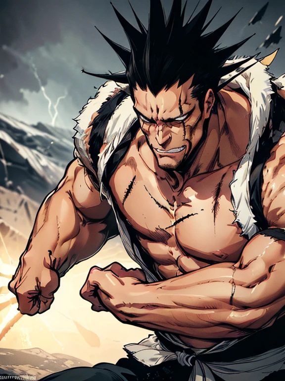 A highly detailed, dynamic illustration of a fierce warrior inspired by Kenpachi Zaraki. The character has intense, sharp facial features and wild, spiked hair that stands tall, emphasizing his untamed, imposing personality. He wields a large, menacing sword with a worn, rugged appearance, held in a powerful grip that demonstrates his strength and combat prowess. He wears traditional Japanese warrior clothing, with loose, flowing layers in dark tones and rough textures that suggest battle-worn armor.

The character’s pose is aggressive and confident, with one foot forward as if mid-step in battle, adding a sense of movement and intensity. His clothing and accessories are drawn with fine details, from the folds in his garments to the texture of his weapon, enhancing the realism. The background is a stormy battlefield, filled with dust clouds and flashes of lightning, casting dramatic shadows and illuminating the scene with harsh, cinematic lighting. The high level of detail, mastery in shading, and use of vibrant colors and highlights give the illustration a powerful, high-definition quality (8K), blending the grit and energy of classic Japanese artistry with modern digital precision