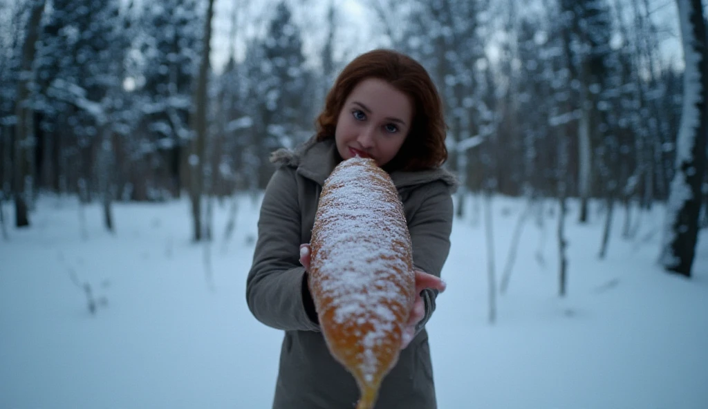 ((masterpiece)) ((photography)) ((Highest quality)) Ultra-realistic, extreme close-up POV shot from the end of a giant frosty carrot, aimed directly at a character resembling Elsa as she brings the carrot close to her mouth with a surprised, humorous expression. Her wide eyes and open mouth give a playful tone to the scene. The frost-covered carrot dominates the foreground, while the snowy, dark forest background adds a cold, mysterious atmosphere. The fisheye perspective enhances the sense of depth and immersion. High-resolution, dramatic lighting, and intense detail.