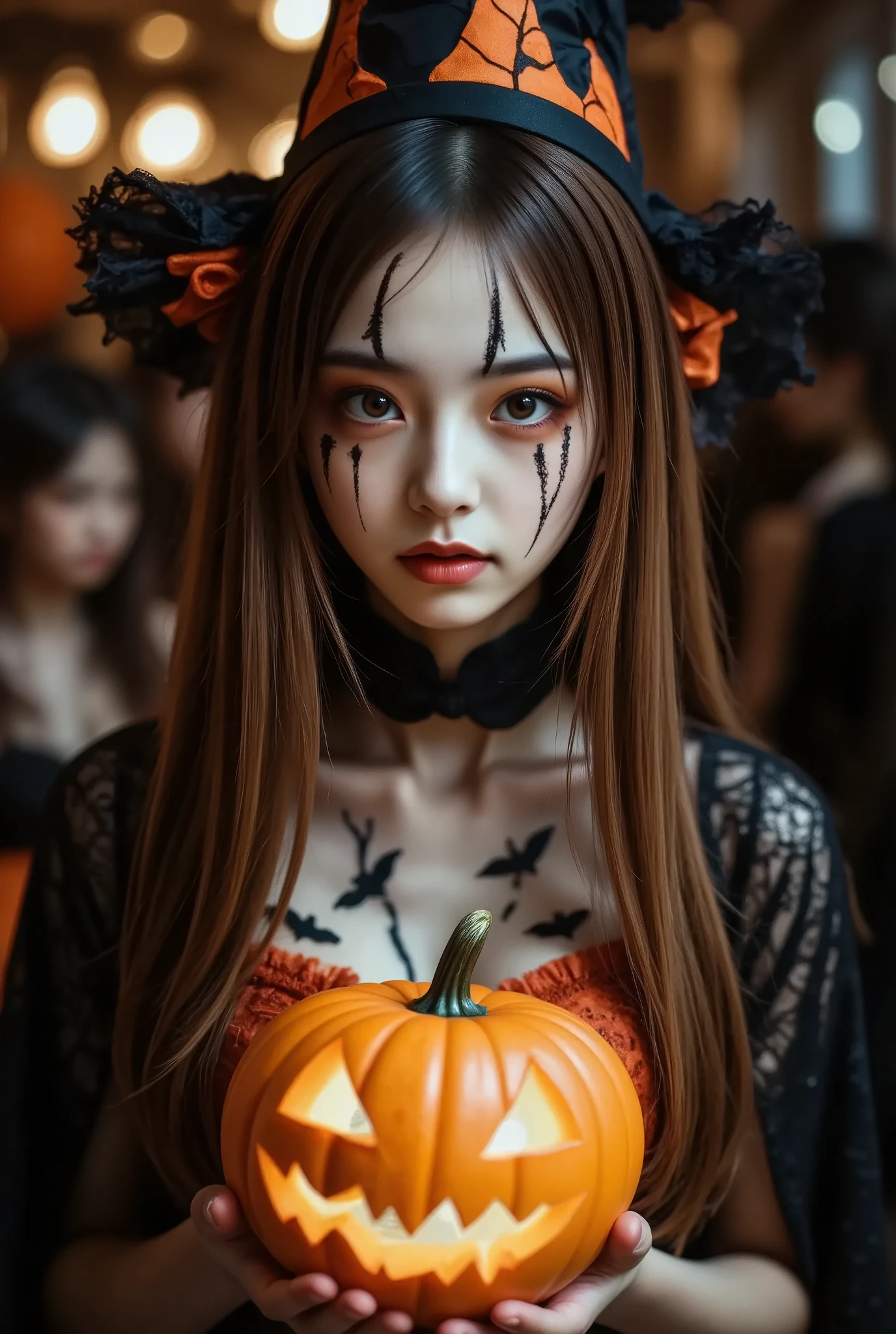 portrait, photo of Japanese girl, focus on the eyes, 1girl, long hair, super light brown hair, slim body shape, high contrast, detailed eyes, detailed hair, Position your eyes closer to your nose, 20yo, 

perfectly intricate detailed zombie make up, scar and stitches make up, wearing black cape with bats printed on it over orange top, witch hat on head, gothc, enjoying sombi make-up at party venue, howling eerily holding a glowing jack-o-lantern,