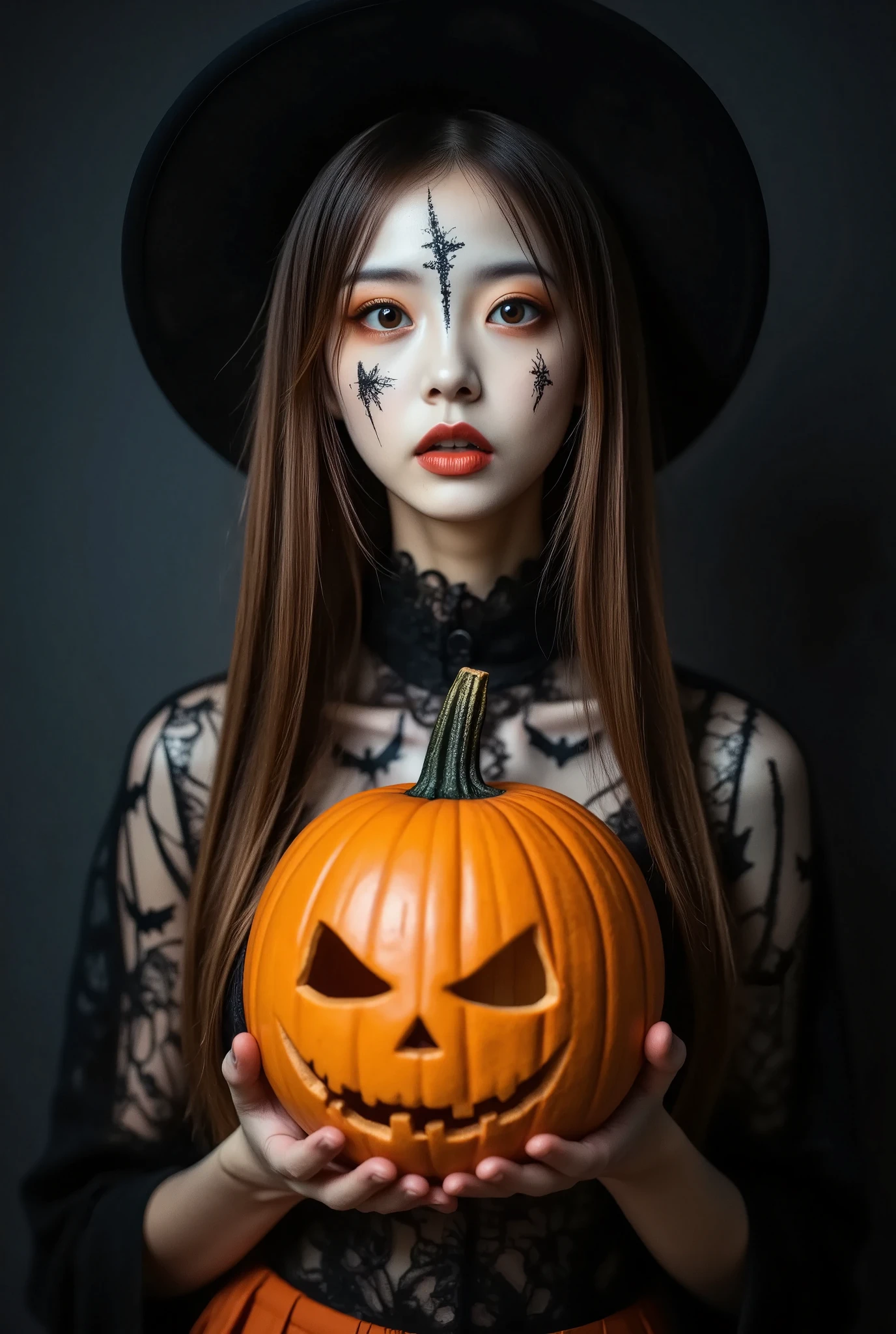 portrait, photo of Japanese girl, focus on the eyes, 1girl, long hair, super light brown hair, slim body shape, high contrast, detailed eyes, detailed hair, Position your eyes closer to your nose, 20yo, 

perfectly detailed and intricate zombie make-up:1.5, wearing black cape with bats printed on it over orange top, witch hat on head, gothc, enjoying sombi make-up at party venue, howling eerily holding a glowing jack-o-lantern,