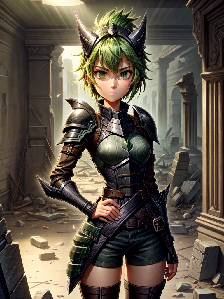 Detailed 8k female green hair all-black iron shrapnel paladin helmet attack mode(from the waist up) Inside the ruins