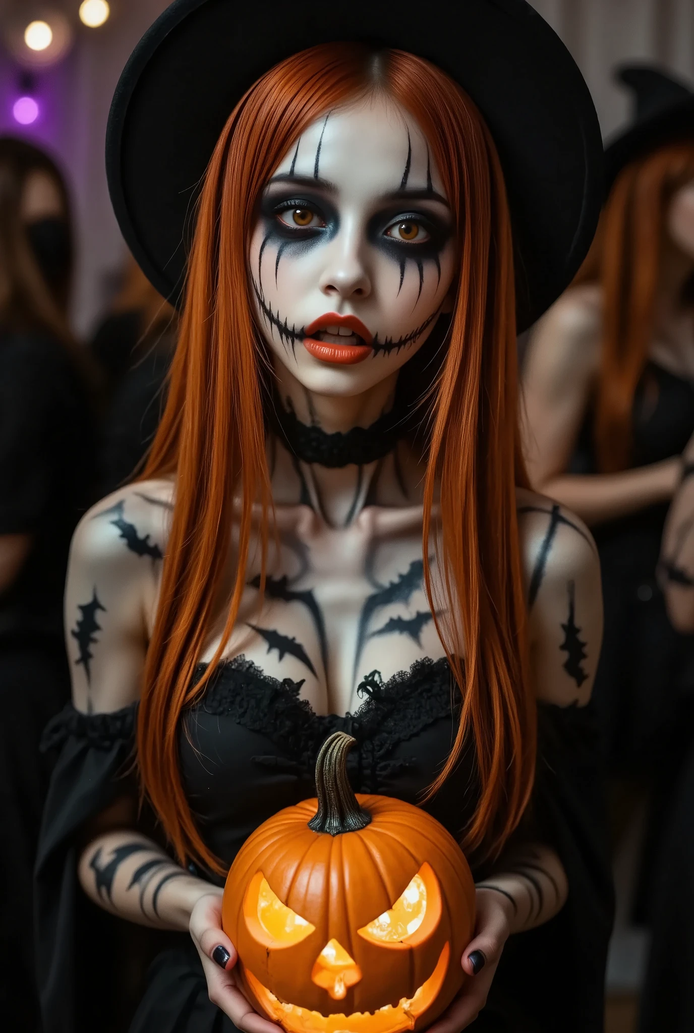 portrait, photo of Japanese girl, focus on the eyes, 1girl, long hair, orange hair, slim body shape, high contrast, detailed eyes, detailed hair, Position your eyes closer to your nose, 20yo, 

perfectly intricate detailed zombie make up, scar and stitches make up, wearing black cape with bats printed on it over orange top, witch hat on head, gothc, enjoying sombi make-up at party venue, howling eerily holding a glowing jack-o-lantern,