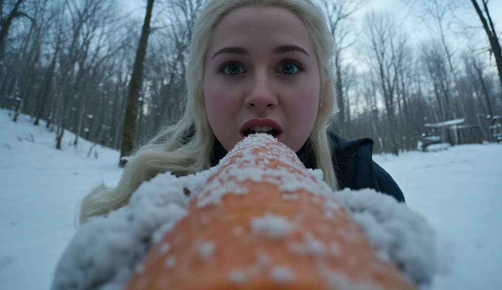 ((masterpiece)) ((photography)) ((Highest quality)) Ultra-realistic, extreme close-up POV shot from the end of a long frosty carrot, aimed directly at  ((Elsa)) as she brings the carrot into her mouth with a surprised, humorous expression. Her wide eyes and open mouth give a playful tone to the scene. The frost-covered carrot dominates the foreground, while the snowy, dark forest background adds a cold, mysterious atmosphere. The fisheye perspective enhances the sense of depth and immersion. High-resolution, dramatic lighting, and intense detail.